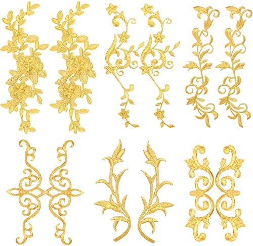 6 Чифта Златни Цвете Бродерия Кръпка Облекла Craft Декорация Дантела САМ Апликации за Сватба Рокля за Абитуриентски бал