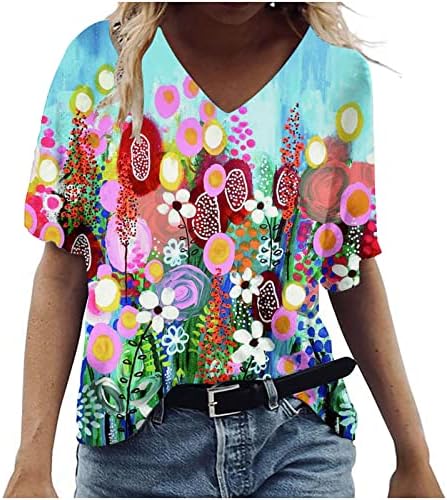Ризи Свободно Намаляване с Цветен Модел на Размера на Плюс за Момичета, Ежедневни Блузи с Къс Ръкав Vneck, Тениска
