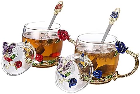 Guon-Wuvl, 2 опаковки, Чаена чаша с цветя, Прозрачна Стъклена Чаена Чаша (С лъжица + капак), Необичайни Чаени