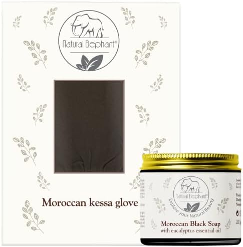 Ръкавица за хаммама Kessa Natural Elephant Premium и Марокански Черен сапун с етерично масло от евкалипт 200 гр (7 унции) Разход на Спа, определени За Беля