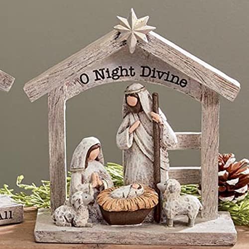 7,5-Инчов Фигурка на Коледните Вертепа One Holiday Way от дърво в селски стил със Светия Семейството си и надпис O Night Divine