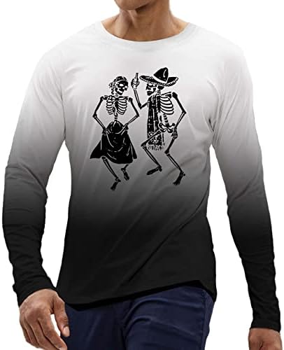 ZDDO Мъжки тениски на Хелоуин, дълъг ръкав, Ден на вси Светии, Забавна Тениска с Градиентным принтом Скелета, плътно Прилепнали