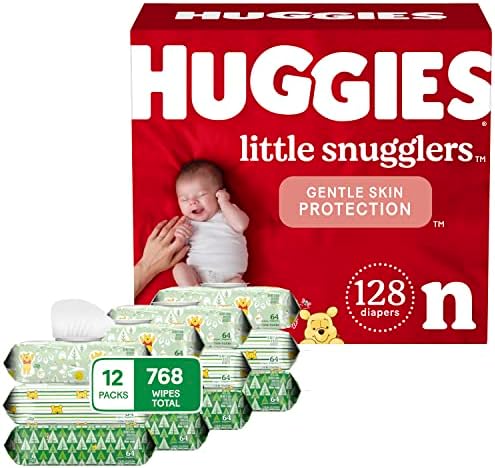 Комплект детски памперси и кърпички: Huggies Little Snugglers, размер за новородено, 128 карата, Салфетки за