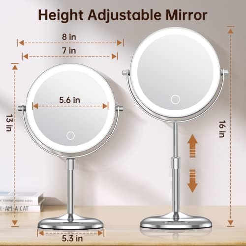 Регулируема по височина Огледало за грим Anfauny с подсветка, 7 Двустранно Огледало за грим с подсветка при 10-кратно увеличение,