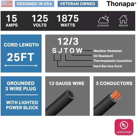Удължител THONAPA 25 Метра за тежки условия на работа с 3 розетки, Маслостойкий удължител SJTOW 12 Калибър, с множество контакти, ключове, 3 клипса, удължителен кабел с черен