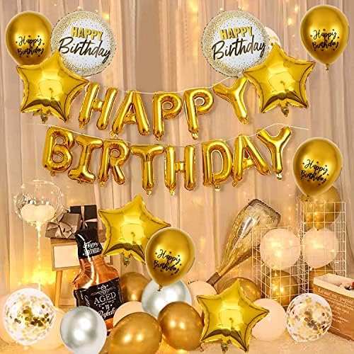 Банер С балони Happy Birthday (3D Златен надпис) - Банер Със Златни Пайети Честит рожден ден, Украса за парти