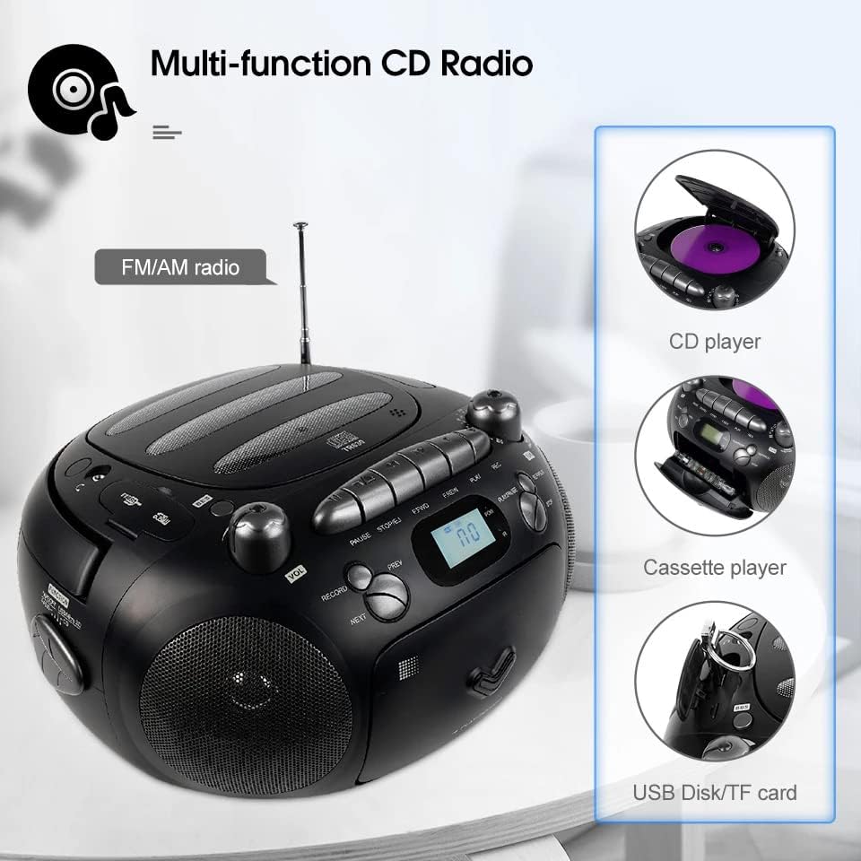 Стерео Boombox Преносим CD-плейър с Радио с USB, MP3 плейър и AUX вход, Касета TF USB Запис за Дома