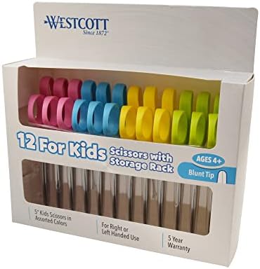 Детски Тъпи ножици Westcott Kleencut с поставка за съхранение, 5 инча, Комплект от 12 броя, Различни цветове