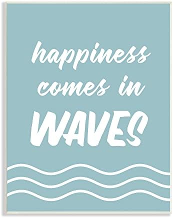 Stupell Industries Happiness Beach Водни Вълни, Вдъхновяваща Фраза, Написана в Курсив, Дизайн, изпълнен от Букви и Подплата