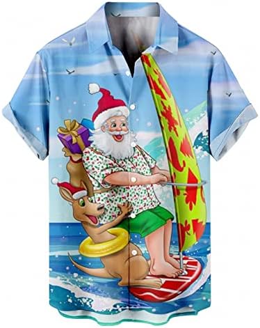 DSODAN Коледна Тениска за Мъже Свободен, Намаляване, Ризи с Копчета и Къс Ръкав и Забавно Принтом Дядо Коледа, Хавайски Плаж Топ