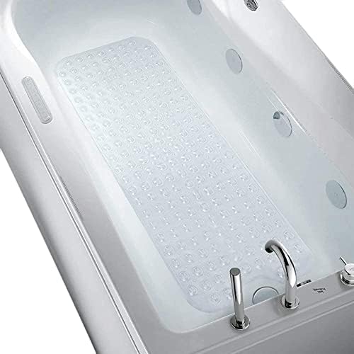 Подложка за баня Изтривалка за баня, Buddeez Удължен подложка за вана 39 x 16 инча, с вендузи и дупки за източване, може да се пере в машина Подложка за вана, (Прозрачен бял).