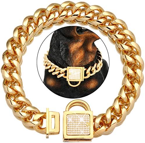 Нашийник-верига за кучета NIKPET Gold с надеждна ключалка от цирконии, метал е 18 Карата, Кубинската Верижка от неръждаема Стомана, Издръжлив, Защитени от дъвчене, Тренир?