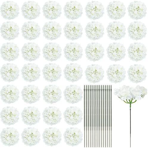 60 Парчета Коприна Бяла Хортензия Изкуствени Цветя Глави Пълни с Цветя Хортензия от 100 бр Стъбла Изкуствени Бели Цветя за Сватбени