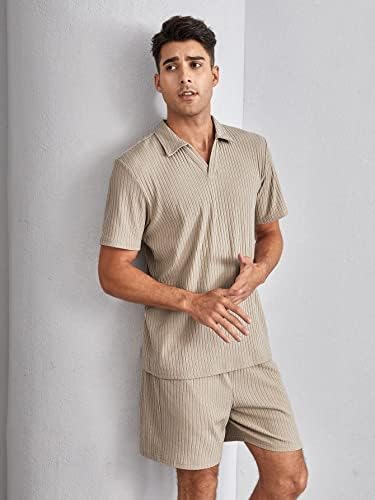 NIBHZ Комплект дрехи от две части за мъже, Мъжки однотонная Риза с къси ръкави и Шорти (Цвят: каки, Размер: Средно)