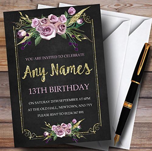 Мел ефект розово злато цветя на 13-ти персонални покани рожден ден