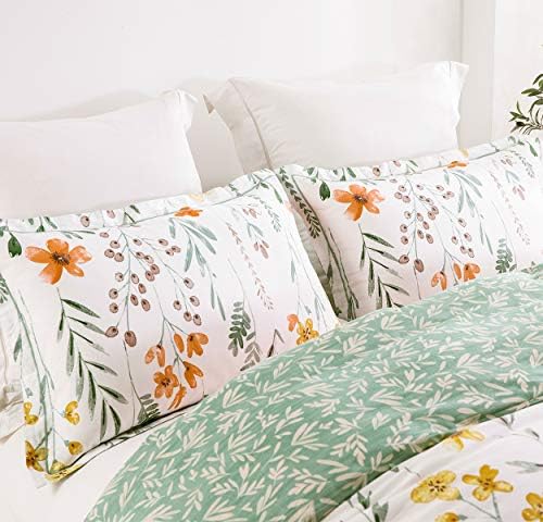 Комплект спално бельо SLEEPBELLA King Size с Жълти цветя и Зелен Ботаническата Цифри, Отпечатани върху Бял Памучен плат,