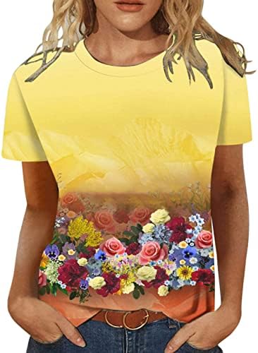 Тениски Свободно Намаляване с Цветен Модел на Божур За момичета, Върхове с кръгло деколте, Ризи С Къс Ръкав,