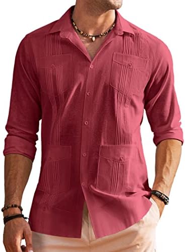 COOFANDY Мъжки Кубинска Риза Guayabera с дълъг ръкав, Ежедневни Памучен Бельо и Плажна Сватба Риза с Копчета