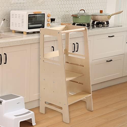 3 Настройки на височината на Кухненски стол-стремянка за бебета и малки деца със Защитни пръчка за кухненски шкафове