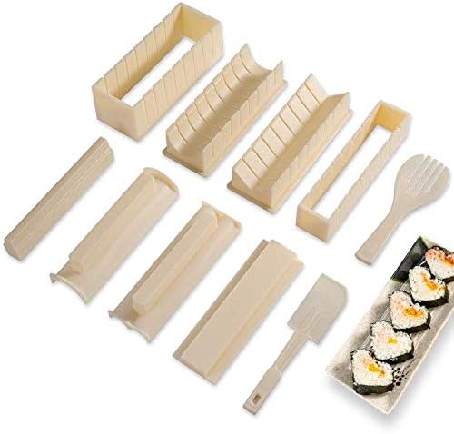 Набор за приготвяне на суши Deluxe Edition е с Пълен набор за приготвяне на суши, 10 бр., Пластмасов инструмент за приготвяне на суши, в комплект с 8 Форми за приготвяне на ор?