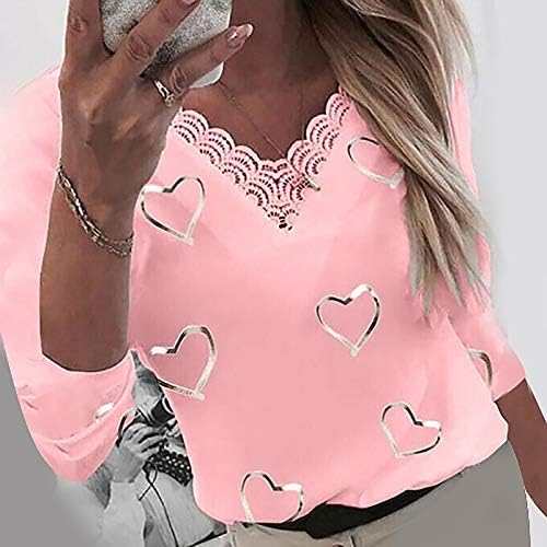 ylioge/ Дамски Модни Блузи с Принтом Сърцата, V-образно деколте, Тънки Пуловери в стил Мозайка, Обикновена Тениска с Дълъг