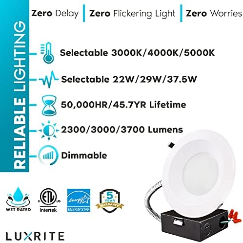 LUXRITE 10-инчов търговска led-вградени лампа с разпределителната кутия, 3 Цветови варианта 3000-5000 До 3 Мощност 22/29/37,5