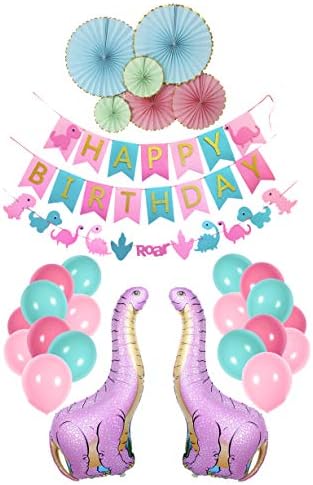 Сини празнични украси с динозавриками за малки момиченца - 6 хартиени ветрила, 1 банер честит рожден Ден, 1 Гирлянда с динозавриками,
