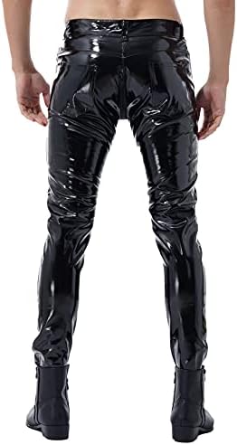 ACSUSS Мъжки Блестящи Метални Мотобайкерские Тесни Панталони От Изкуствена кожа с цип, Дълги Панталони