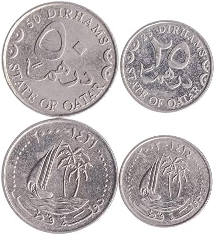 2 Монети от Катар | Колекция Катарских монети 25 50 дирхама | В обращение 2000-2003 | Палма | Ветроходен кораб