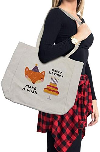 Чанта за пазаруване Ambesonne Fox, Fox в Празнична шапка с Надпис честит рожден ден, Загадай желание, Тематичен