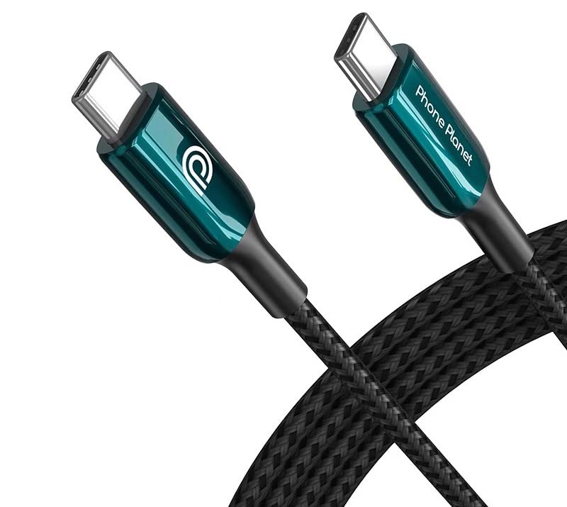 Черно сплетен кабел с възможност за бързо зареждане от USB C до USB C (2 м / 6,6 фута) и е съвместим с всички