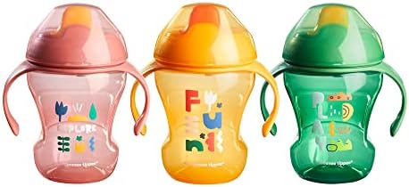 Чаша на Tommee Tippee Sippee Trainer с дръжки, Бутилка за вода за деца, Непроливаемая, Без бисфенол А, 8 грама, 7 м +, Опаковка от 3 броя, Розова, Зелена и оранжева