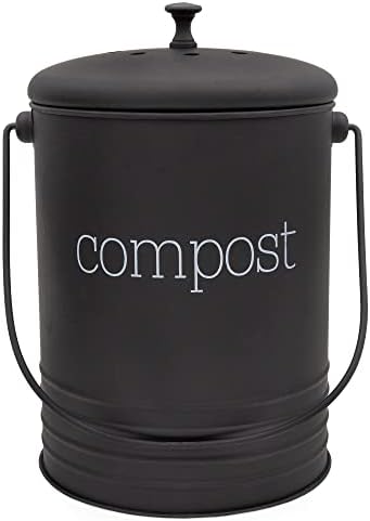 Кофа кофа за компост от черна enamelware AuldHome, Определени за компостиране на Ферма с капак и въглероден филтри,