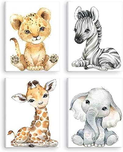 Kiddale Детски Акварели Животни, Стенни щампи, Комплект от 4 (8x10) рисунки на животни, Тигър, Слон, Зебра, Жираф, Сафари,