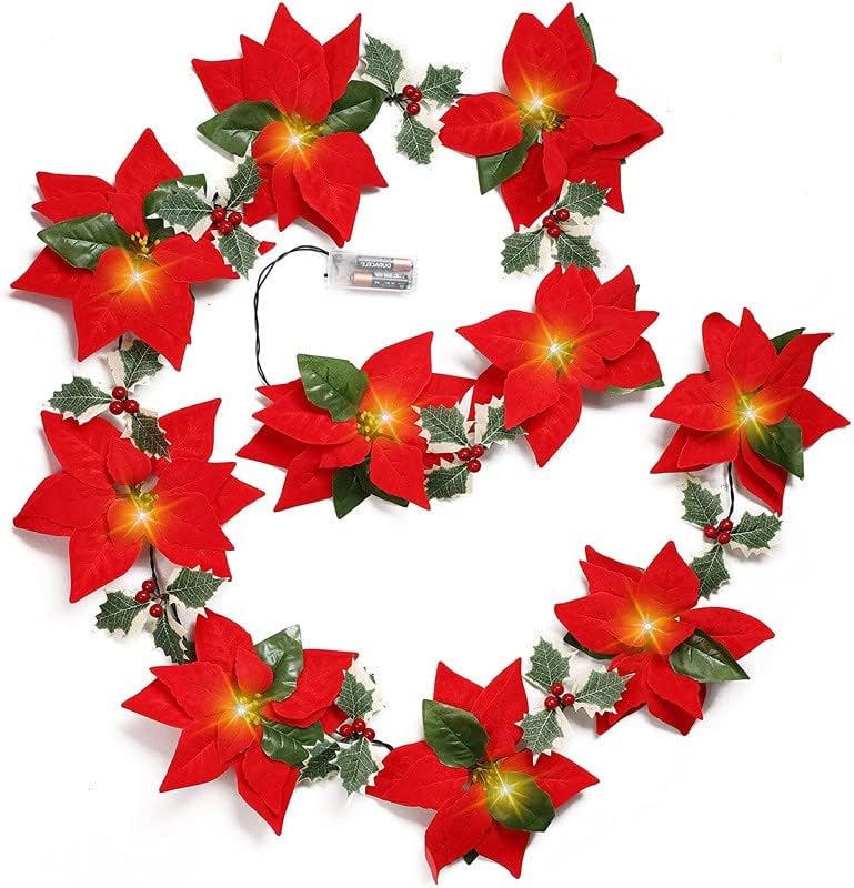 6-подножието Коледна гирлянда с подсветка, украсена с Червени плодове и листа остролиста. Предварително Зажженная