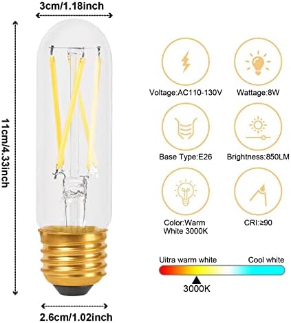 Led лампа JSWKYY мощност 8 W, С регулируема яркост на спиралите, 3000 K, Warm white 850ЛМ 120 В, Прозрачна Стъклена Тръба T10, Златна Основата на лампата на Едисон E26, 8w (Еквивалент на ла