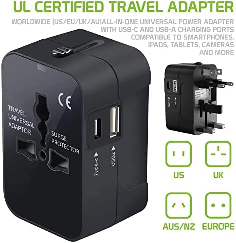 Международен захранващ адаптер USB Travel Plus, който е съвместим с Lava Flair Z1 за захранване на 3 устройства по целия свят USB TypeC, USB-A за пътуване между САЩ /ЕС /AUS/NZ/UK /КН (черен)