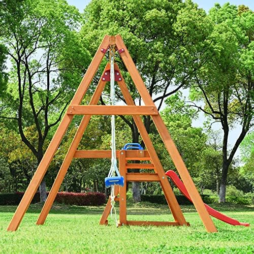 Дървена люлка Lostcat с пързалка, А-Образна рамка, двойно подсилена конструкция за катерене на детската площадка,