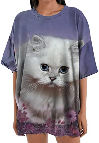 Летни Дамски Блузи Размера на Плюс Със Сладък Котка и Принтом, Ежедневни Тениски С Графичен Дизайн, Струящаяся