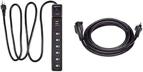 Мрежов филтър Basics на 6 контакти с 2 USB порта - 1000 Дж, черен и 10 Фута удължаване - 13 Ампера, 125 Черно