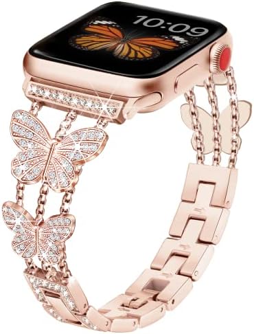 Метална каишка Apple Watch Съвместим с Apple Watch Ultra Series 8 SE 7 6 5 4 3 2 1, Въжета iWatch за жени и момичета, Бижута с Диамантена пеперуда, Въжета Apple Watch, за iWatch 40 мм 38 мм 41 мм