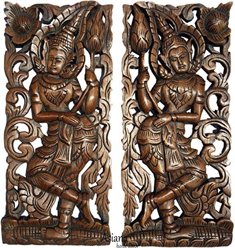 Добре дошли знак Савадди с Дървена Издълбани Рисунки по Скулптура във формата на Цвете Лотос. Домашен интериор в азиатски стил.