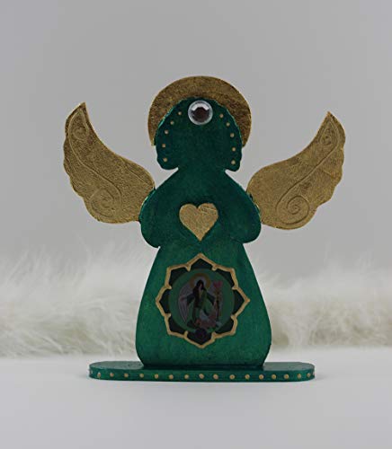 Уникална Дървена Статуетка на Ангел Щастие от Изумрудено зелено Злато, Статуя на Архангел Рафаел за Домашен интериор с