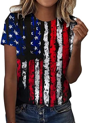 Дамски Летни Върховете на 4 юли, Тениска с къс ръкав в стил Ретро със Звездна принтом САЩ и ивици, Всекидневни