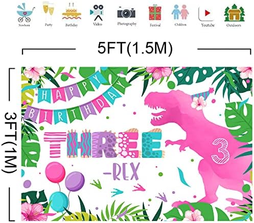 5x3 метра Розов Динозавър, на Фона на Третия Ден от Раждането, Мультяшные Зелени Листа от Палми с Три рексами,