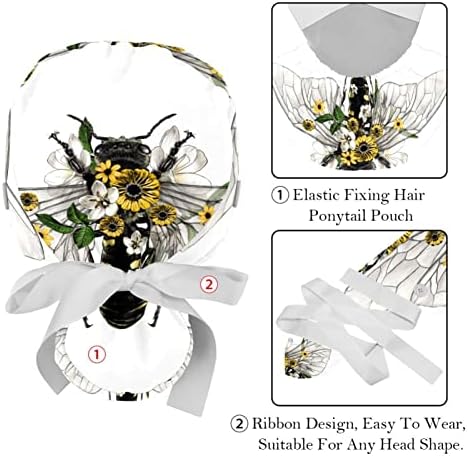 Медицински Шапки за жени с Бутоните за дълга Коса, Регулируема Работна Шапчица от 2 Части, Геометрична Линейна Златна Пчела