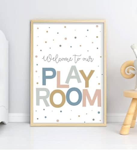 Добре дошли на нашия плакат за игри стая, монохромен интериор на детската стая, е черно-бяла детска табела, детски принт,