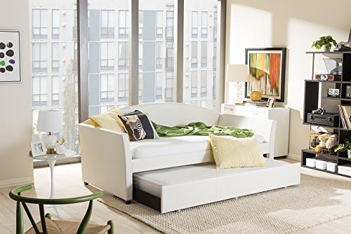 Модерен диван с извита облегалка от бяла изкуствена кожа Baxton Studio London, Двойно канапе с разтегателен