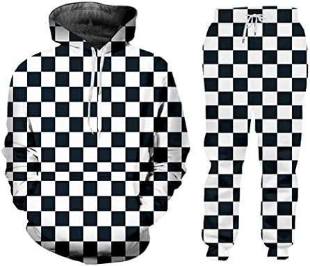 FULBHPRINT Черно-Бяла Клетчатая Ежедневни Hoody в шахматна дъска модел И Панталони с 3D Кръгло деколте, Пуловер С качулка,