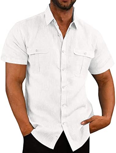 Мъжки Памучен Бельо Риза с копчета Лятна Мода Однотонная Риза С Къс Ръкав И Джобове С Ревери Удобни Дишащи Ризи